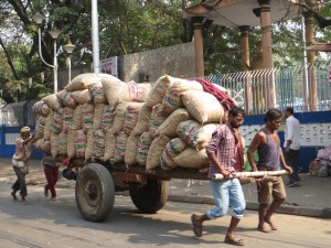 There are so many carts drawn by men on foot--the largest with a few in the front pulling and a few in the back pushing.