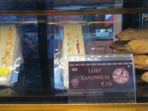 No, I have no idea what an LBGT sandwich is but I thought my sister especially would enjoy this!  From the Coffee Bean shop at the Kolkata airport.