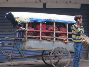 This is a bicylcle-powered school bus, of sorts. Note the girls are in their uniforms.